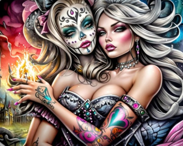 Colorful Scene of Two Intertwined Women with Skull Face