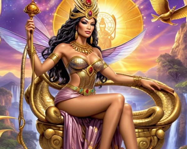Regal Figure on Golden Throne with Celestial Elements