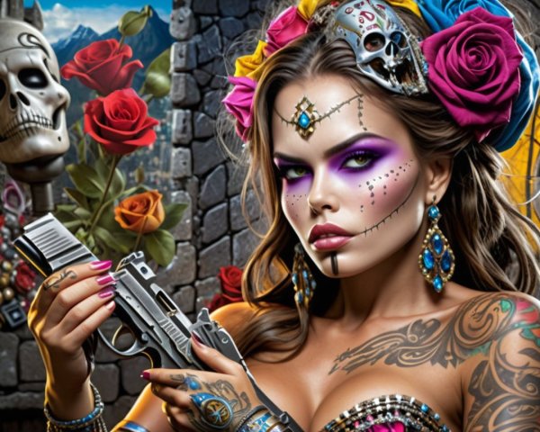 Woman in Sugar Skull Makeup with Roses and Gun
