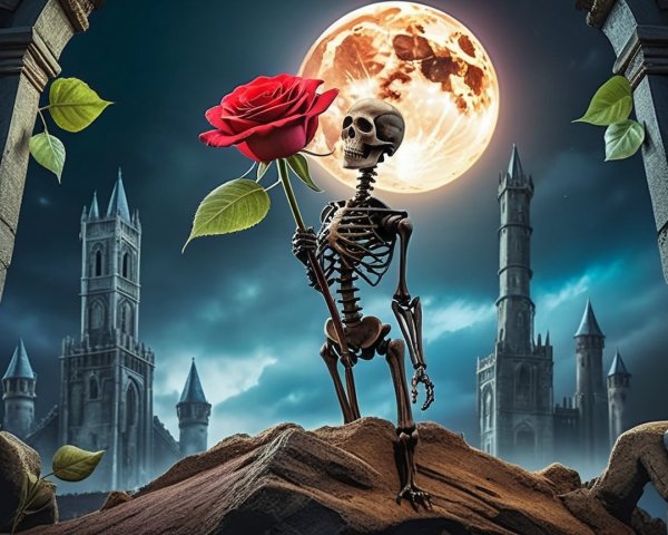 Skeletal Figure with Rose Under Moonlit Gothic Sky