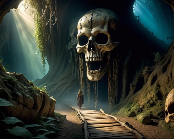Colossal Skull in a Lush Mystical Forest Landscape