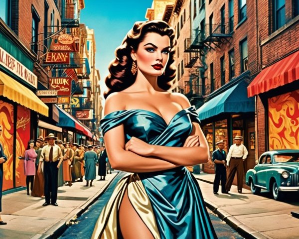 Glamorous Woman in Elegant Gown in Vibrant City Street