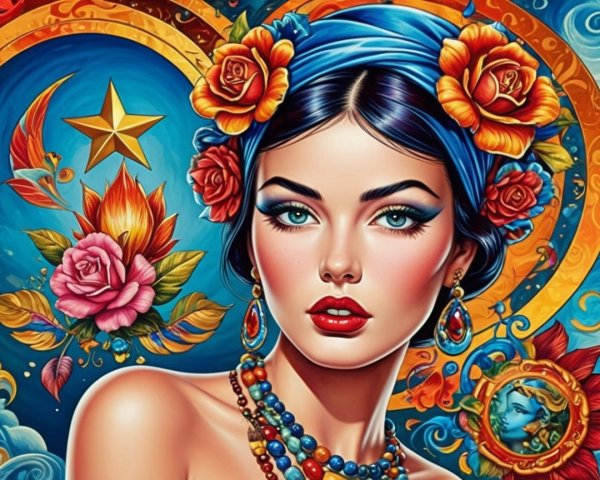 Vibrant Portrait of a Woman with Bold Makeup and Jewelry