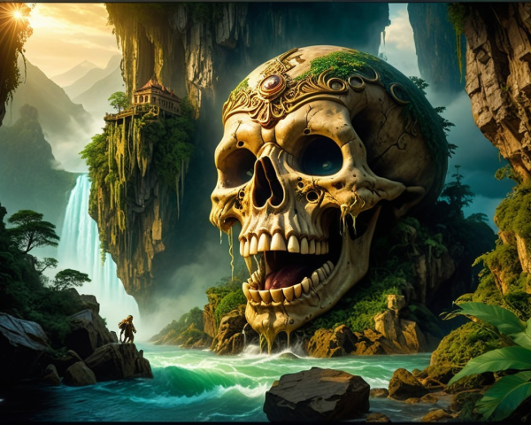 Colossal Skull Surrounded by Nature and Waterfalls