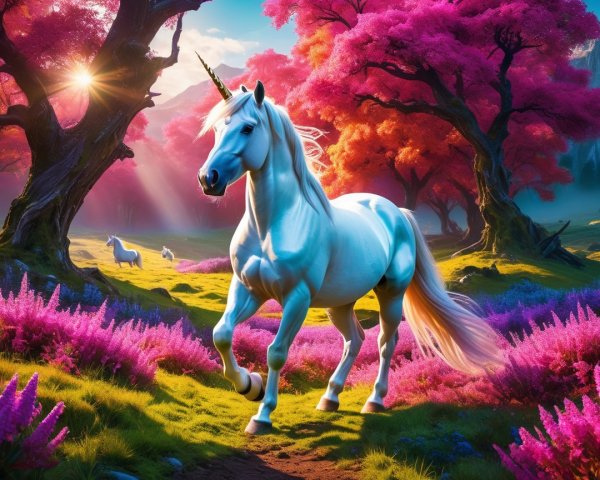 Majestic unicorn in vibrant fantasy landscape setting