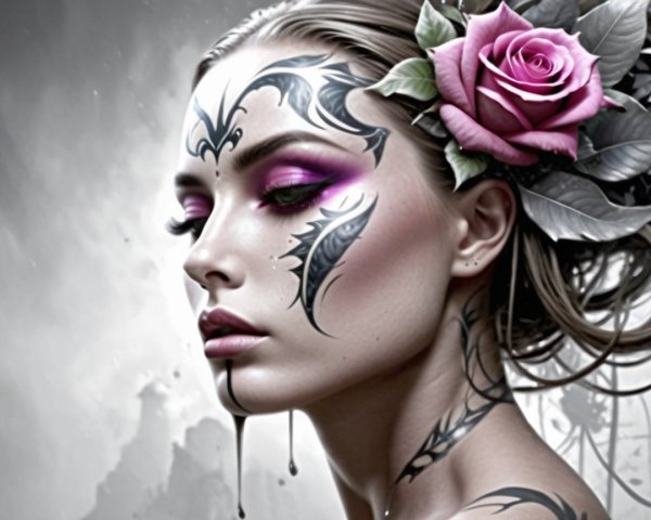 Portrait of a woman with floral tattoos and pink makeup