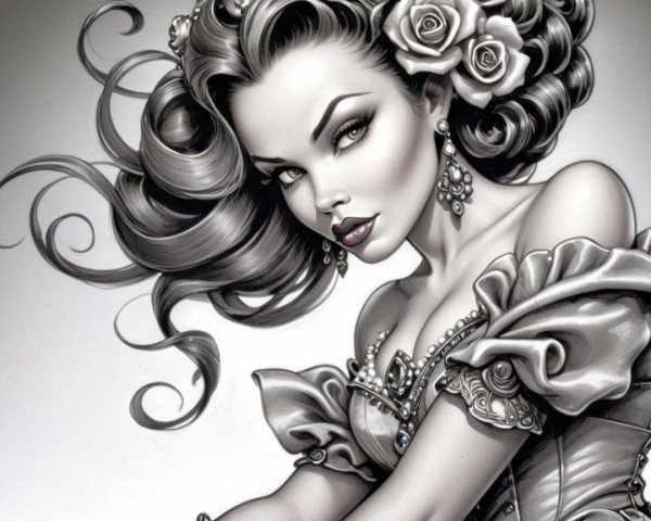 Stylized Female Figure with Roses and Elegant Dress