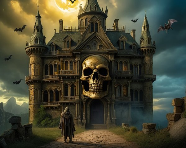 Gothic Castle with Skull Entrance and Cloaked Figure