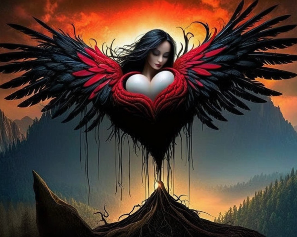 Figure with Wings in a Surreal Sunset Landscape