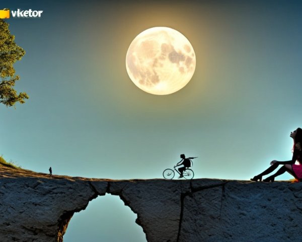 Surreal Landscape with Figures and Full Moon Scene