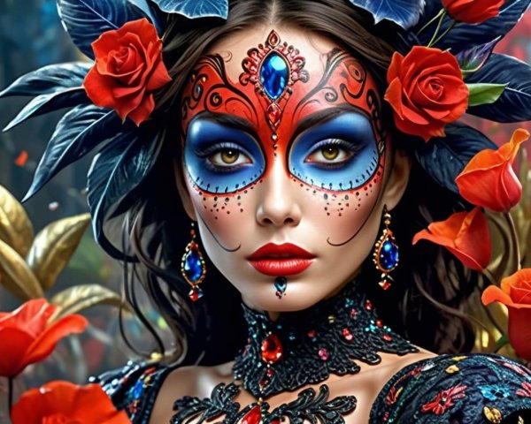 Woman with vibrant face paint and ornate jewelry