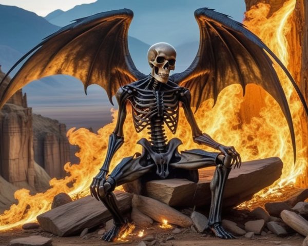 Skeletal Figure with Dark Wings Amidst Flames and Mountains