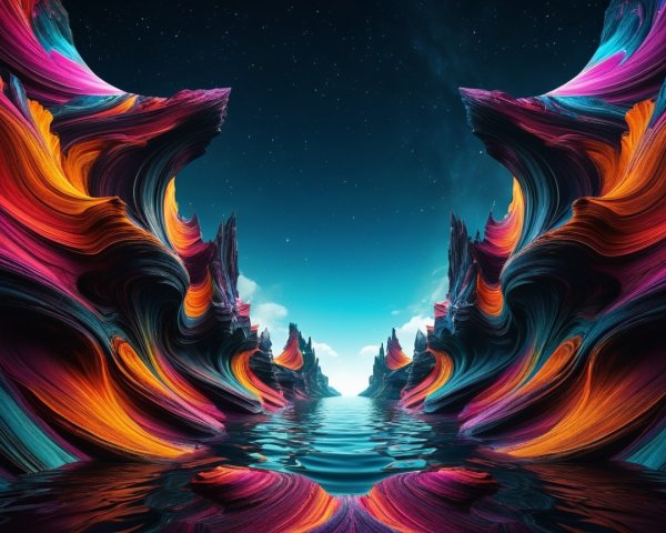 Surreal Landscape with Colorful Rock Formations and Stars