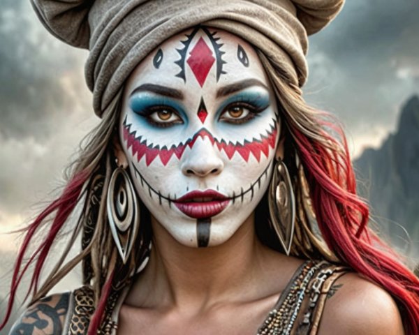 Striking figure with intricate face paint and mountain backdrop
