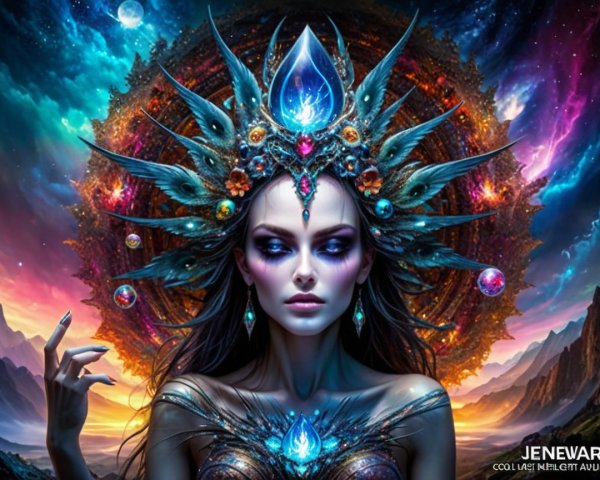 Mystical Woman with Gemmed Headdress and Cosmic Eyes