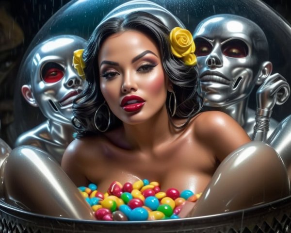 Woman with Dark Hair Surrounded by Colorful Candies