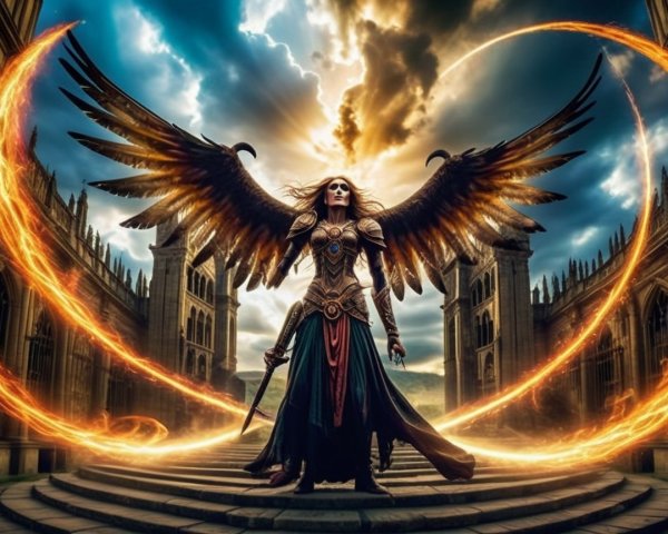 Warrior in Armor Amidst Gothic Architecture and Flames