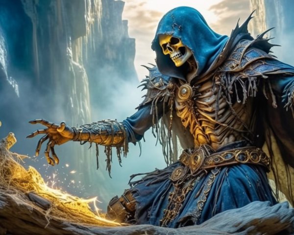 Skeletal Figure in Dark Robe in Mystical Landscape