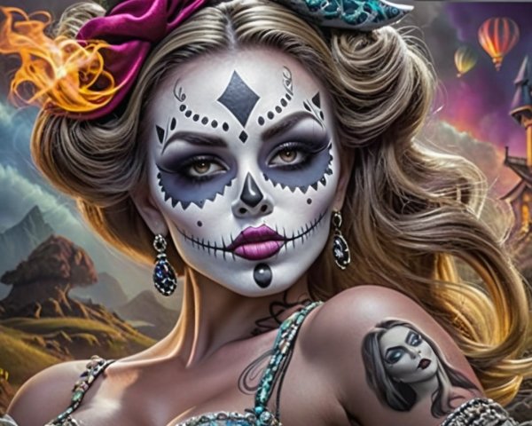 Vibrant Day of the Dead Figure with Sugar Skull Makeup