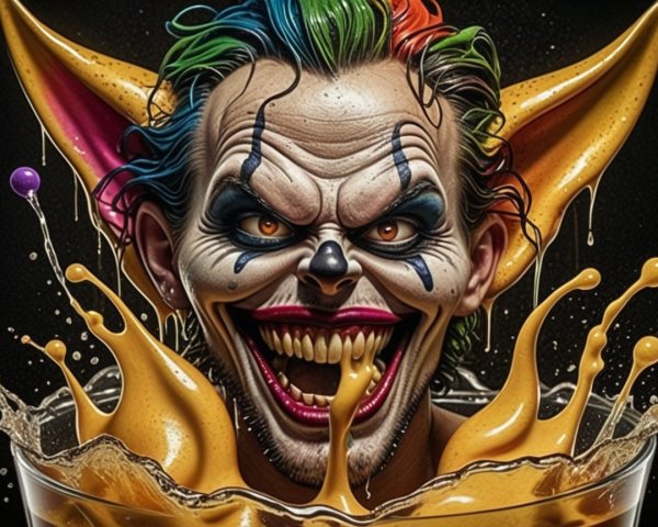 Sinister Clown with Exaggerated Features and Chaos