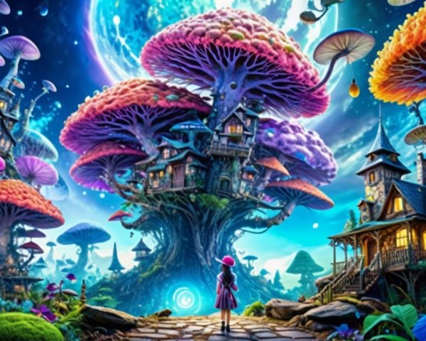 Fantasy Landscape with Colorful Mushroom Tree