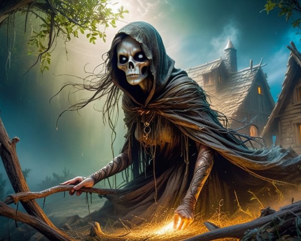 Cloaked Skeletal Figure in Mystical Forest Setting
