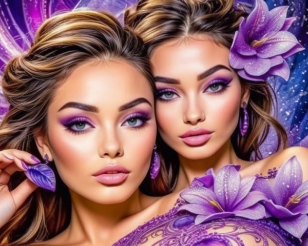 Glamorous Women with Bold Purple Makeup and Flowers