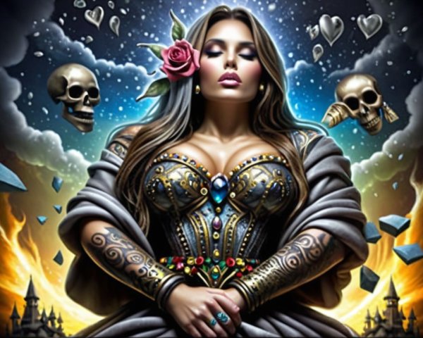 Confident Woman in Ornate Corset with Mystical Elements