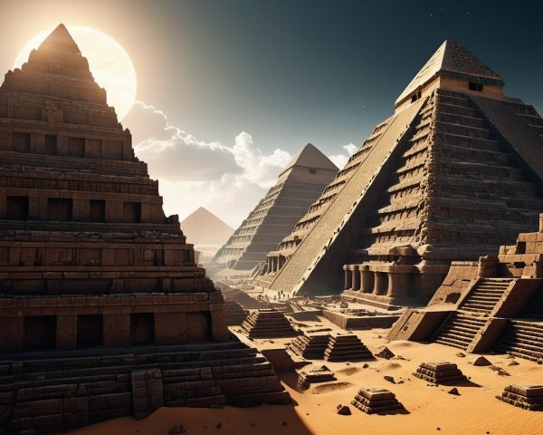 Ancient Pyramids in Desert Landscape at Sunset