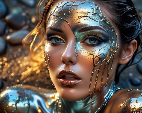Close-up Portrait of Woman with Metallic Makeup Design