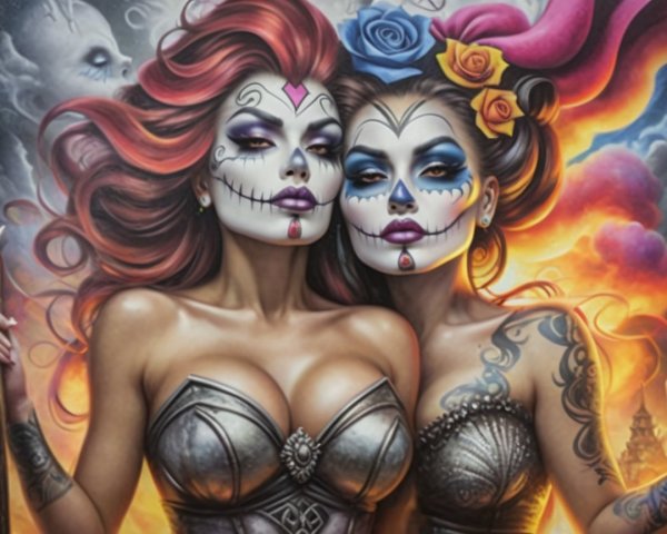 Women with Sugar Skull Makeup and Vibrant Hair