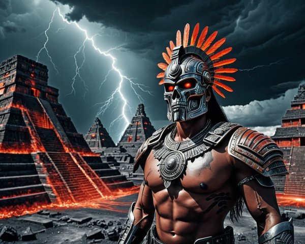 Fierce warrior in ancient ruins with dramatic backdrop