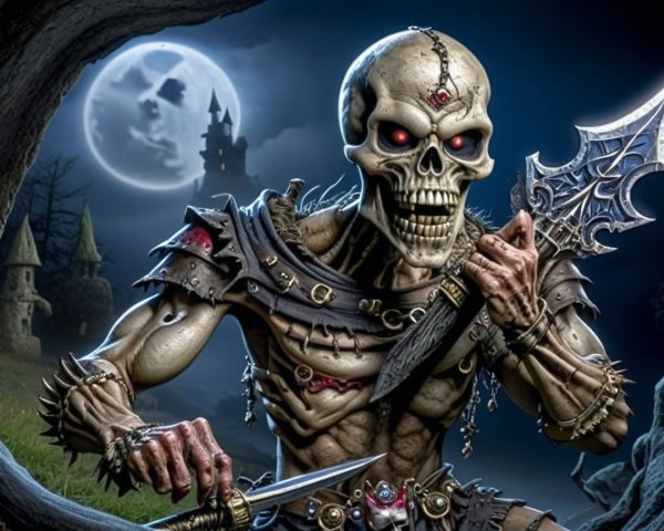 Menacing Skeleton Warrior with Sword in Dark Cave