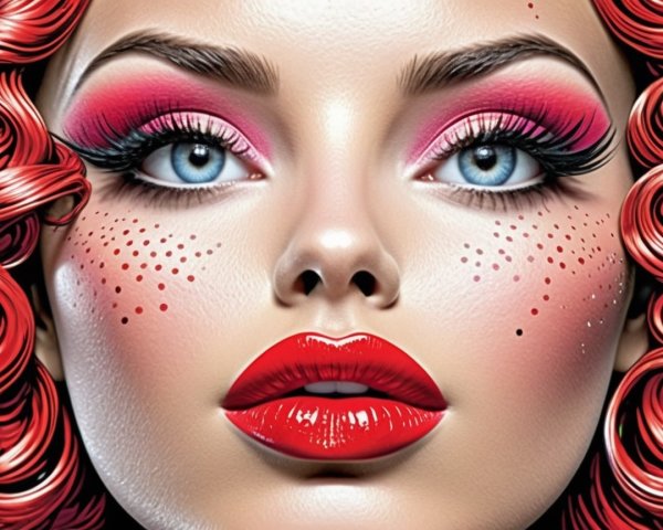 Close-up of a woman with vibrant red hair and bold makeup