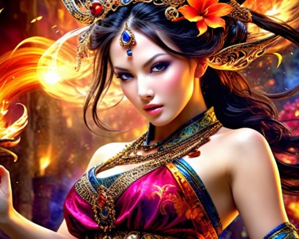 Ethereal Woman in Vibrant Clothing with Magical Backdrop