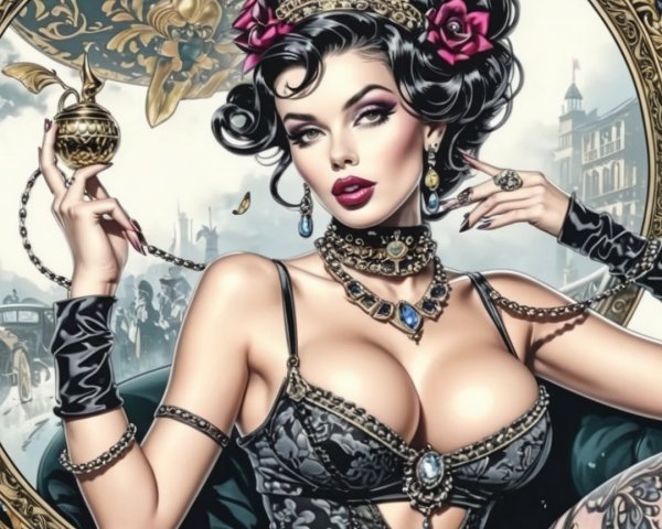 Glamorous Woman in Vintage City with Elegant Jewelry