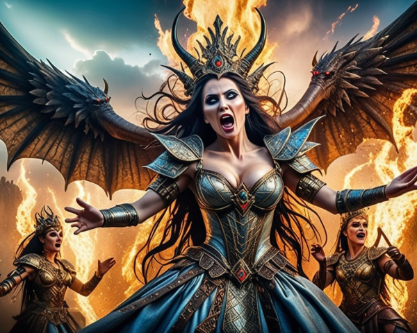 Powerful figure in metallic armor with dragons