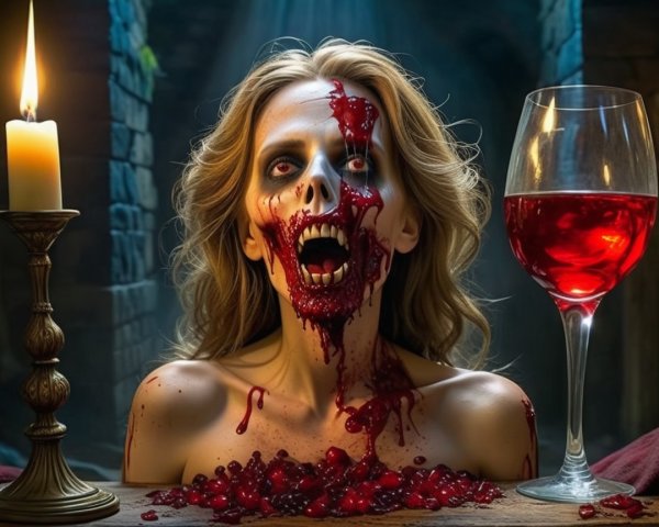 Undead Woman with Blood and Candlelit Atmosphere