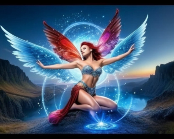 Fantasy Scene with Colorful Winged Woman at Sunset