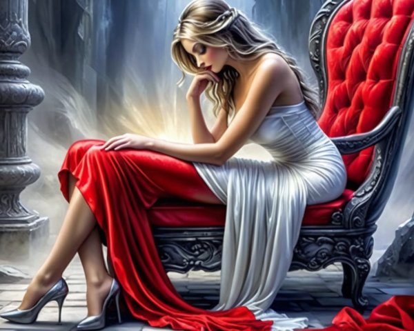 Young woman in white gown on ornate chair in mystical setting