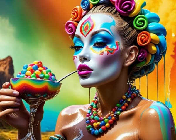 Vibrant Portrait of Woman with Colorful Makeup and Dessert