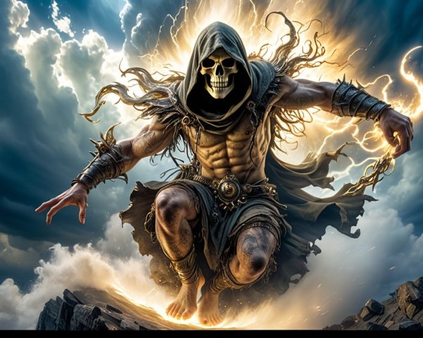 Skeletal Figure in Cloak Amidst Stormy Sky