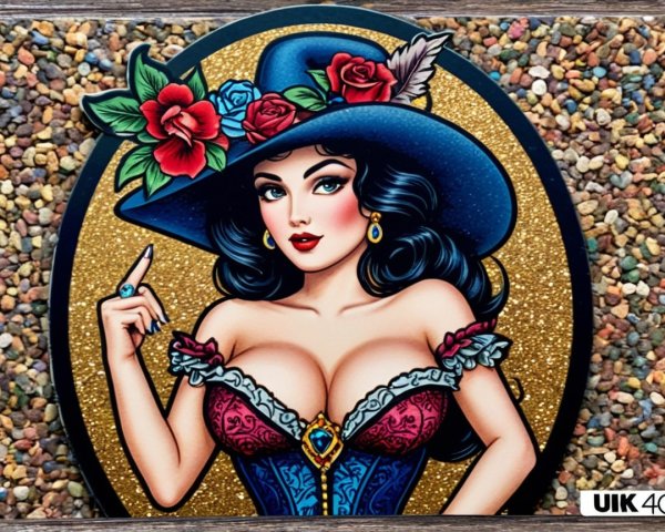 Vibrant Artwork of Glamorous Woman with Blue Hat