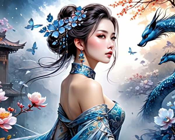 Ethereal woman in blue gown with butterflies and dragons