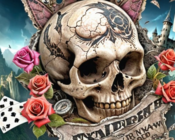 Intricate Skull Design with Floral and Gothic Elements