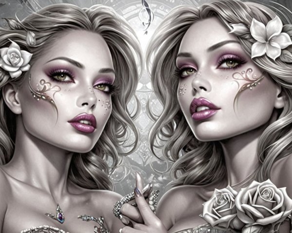 Ethereal Figures with Floral Accents and Jewelry