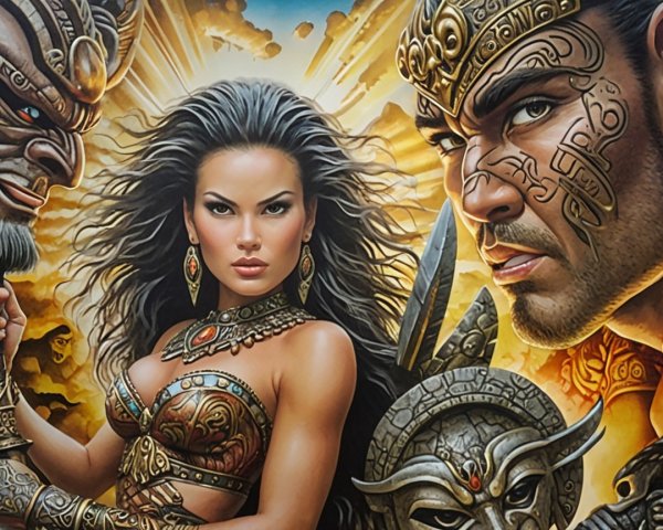 Warrior Woman with Tribal Man and Mythical Creature Artwork