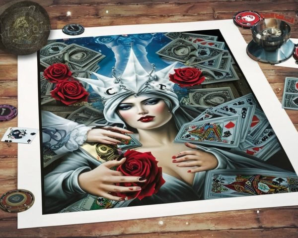 Glamorous Woman with Crown and Playing Cards Artwork