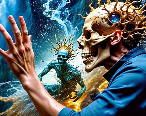Surreal Scene of Humanoid Figures and Nature Elements
