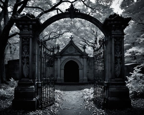 Secluded Mausoleum Entrance with Ornate Gates and Trees